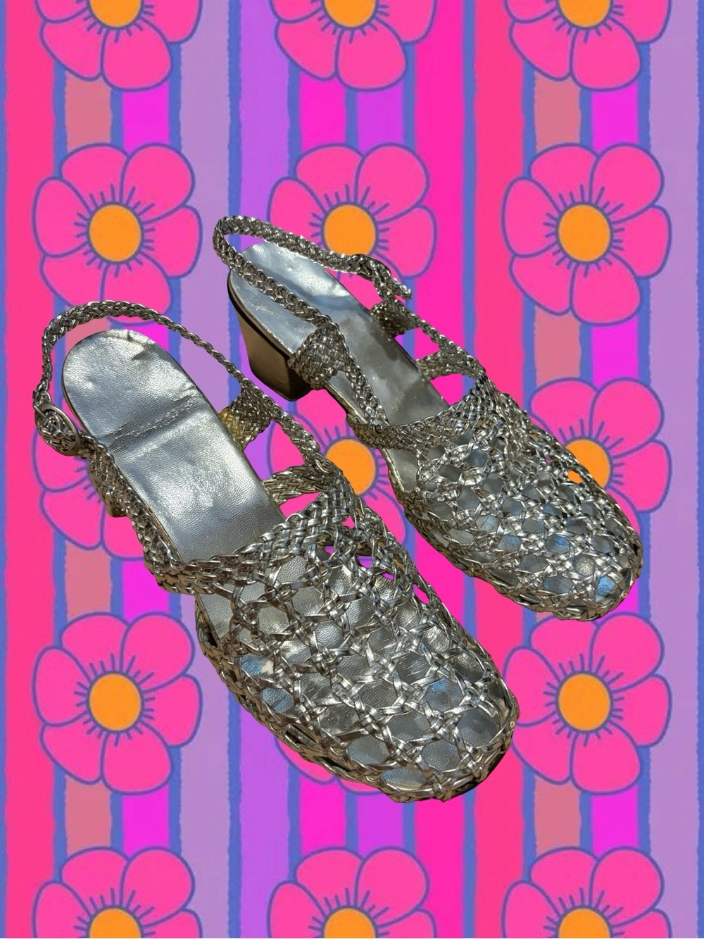 Vintage 60s/70s Silver Braided Slingback Sandals